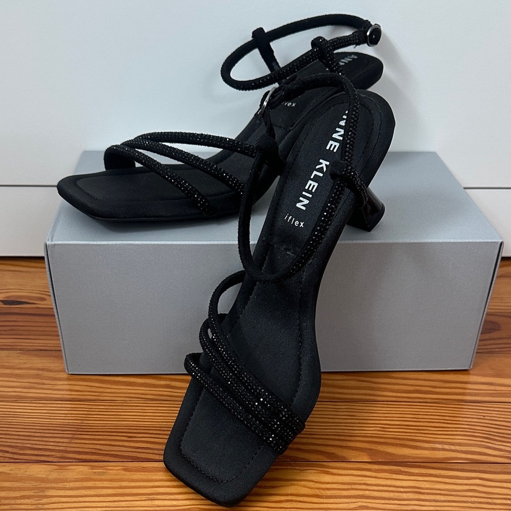 Anne Klein Black Strappy Heels, black crystal sandals, black kitten heels, 9M